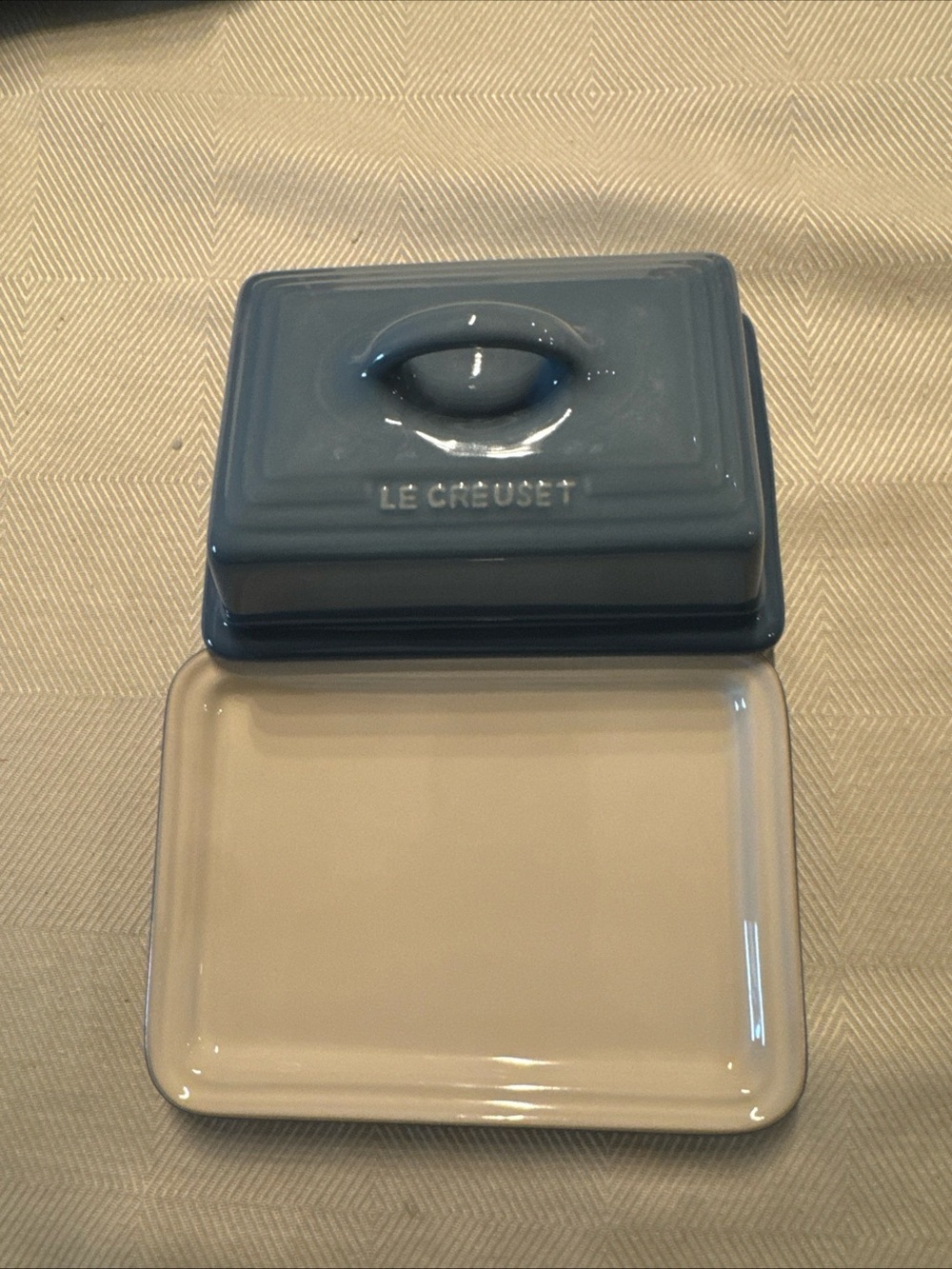 Le Creuset Blue and Cream Ceramic Butter Dish
